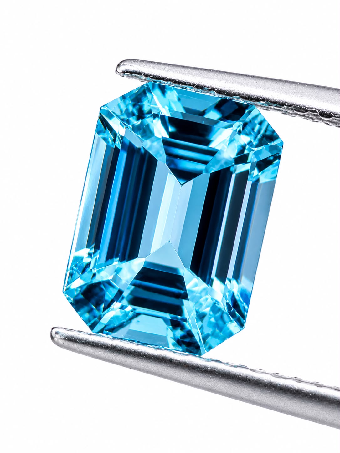 Santa Maria emerald-cut aquamarine held in tweezers